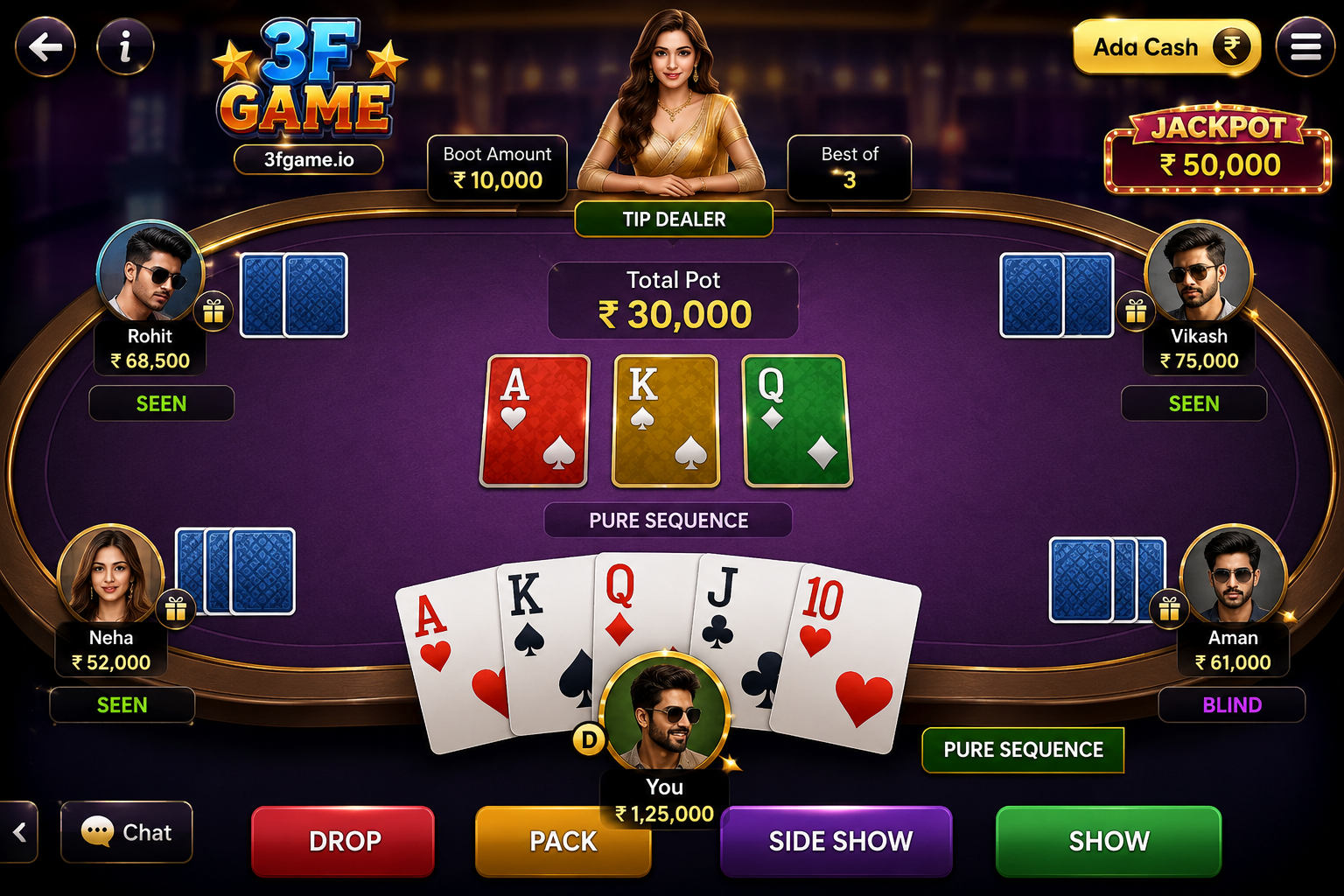 3F Game Teen Patti gameplay screen 2026 — live multiplayer card table